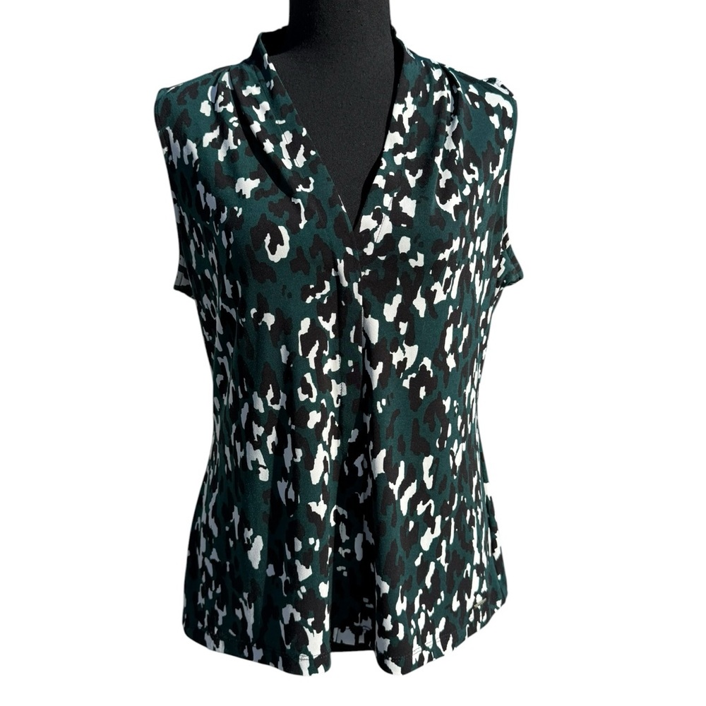 Calvin Klein Dark Green Black and White Sleeveless V-Neck Print Top